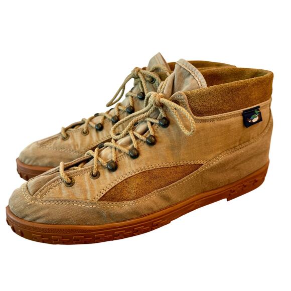 Vintage Camper Hiking Boots Tan Canvas Suede Ankle Lace Up Unisex - Picture 1 of 14